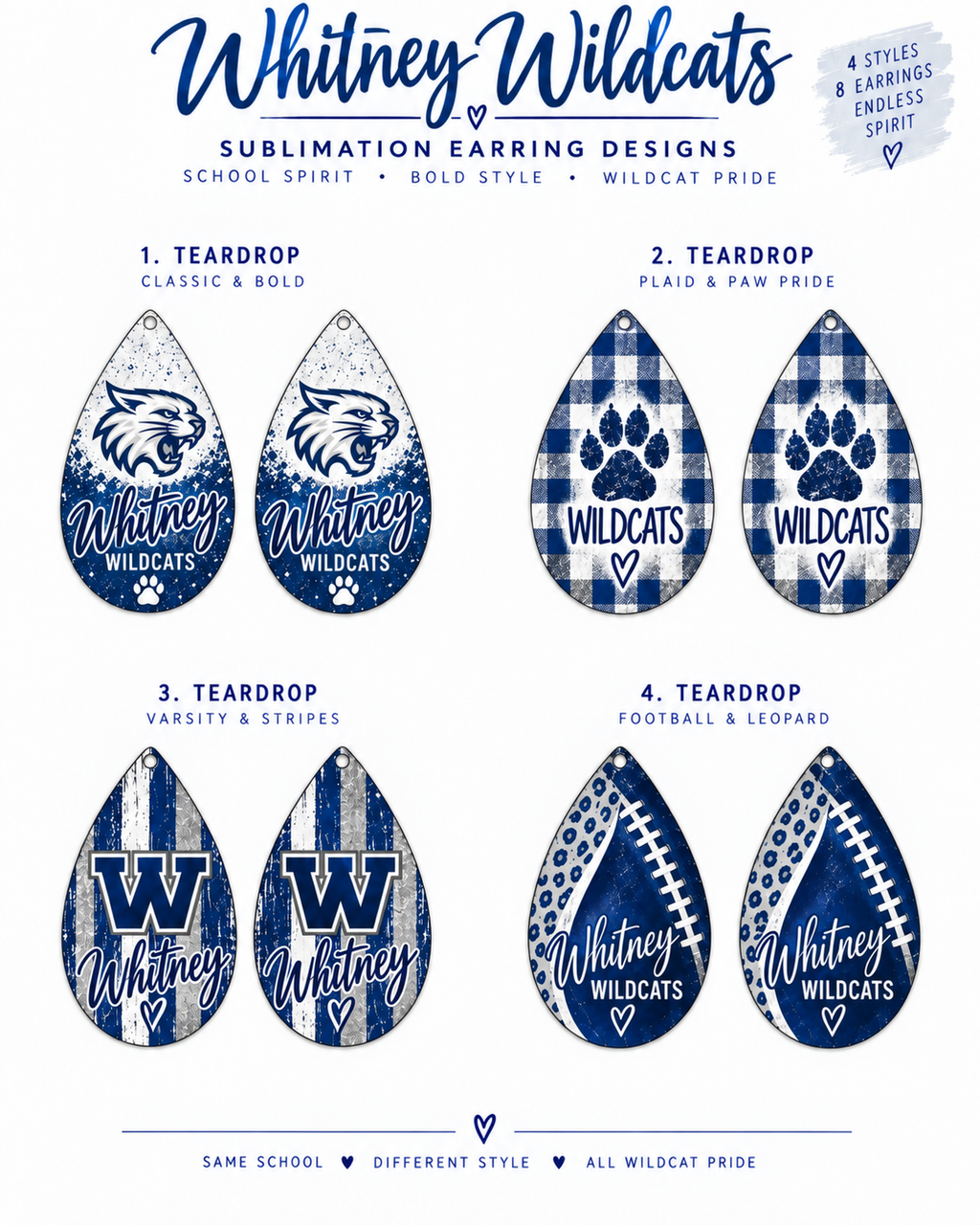 Whitney Wildcats sublimation teardrop earrings showing four style options: Classic and Bold, Plaid and Paw Pride, Varsity and Stripes, and Football and Leopard