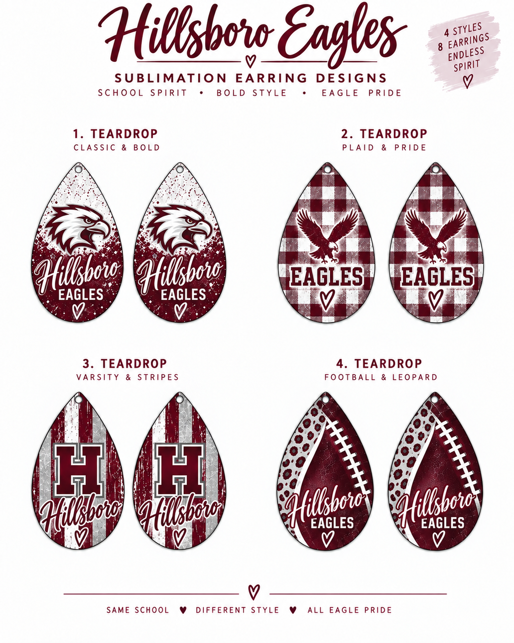 Four Hillsboro Eagles maroon and white teardrop sublimation earring styles