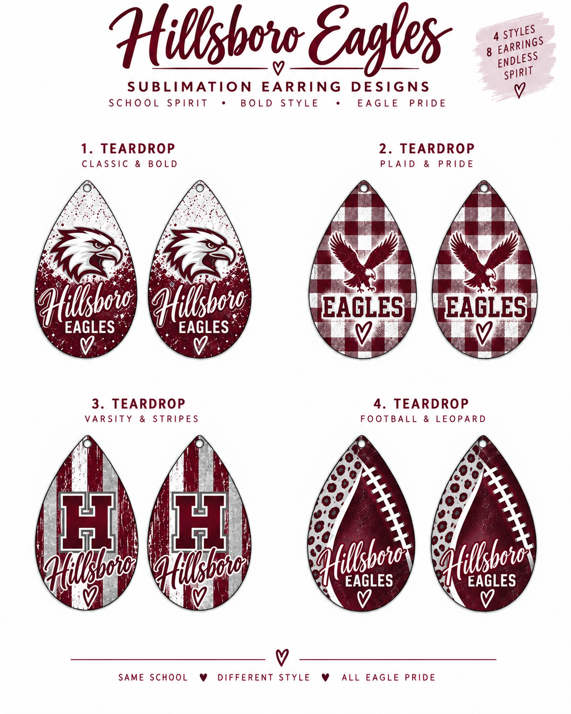 Four Hillsboro Eagles maroon and white teardrop sublimation earring styles