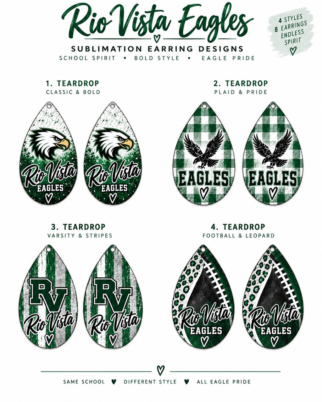 Four numbered Rio Vista Eagles green and white teardrop sublimation earring styles