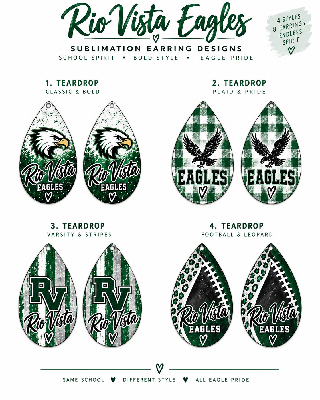 Four numbered Rio Vista Eagles green and white teardrop sublimation earring styles