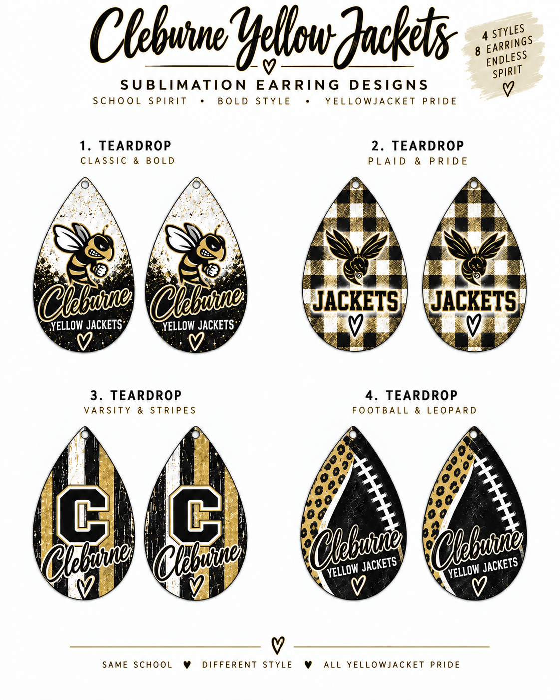 Four numbered Cleburne Yellow Jackets black white and gold teardrop sublimation earring styles