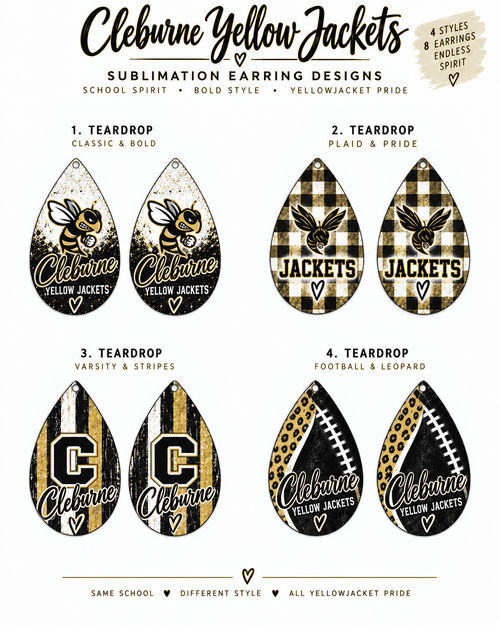Four numbered Cleburne Yellow Jackets black white and gold teardrop sublimation earring styles