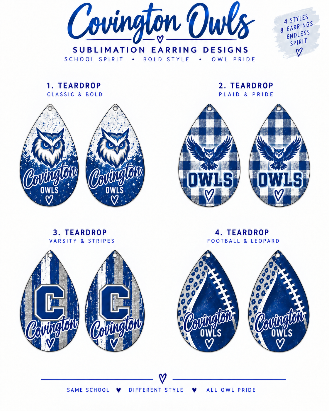 Four numbered Covington Owls blue and white teardrop sublimation earring styles