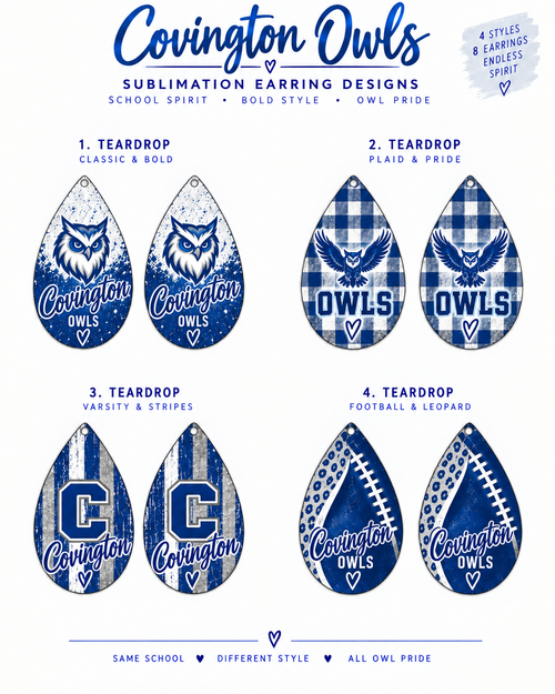 Four numbered Covington Owls blue and white teardrop sublimation earring styles