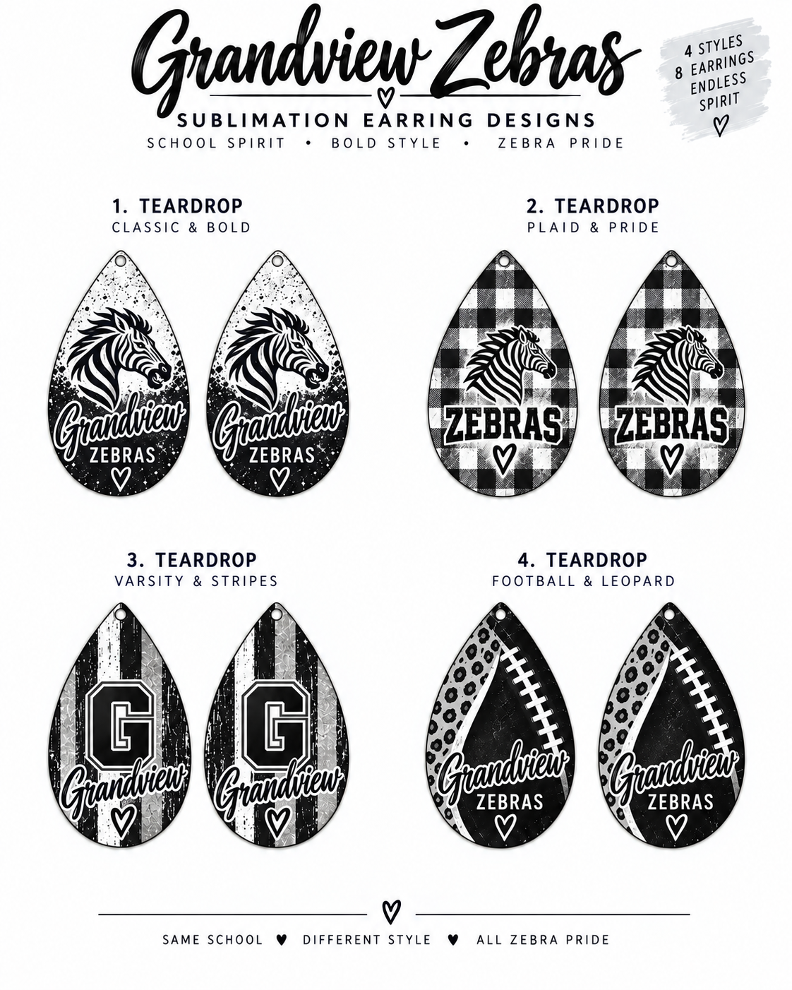 Four numbered Grandview Zebras black and white teardrop sublimation earring styles