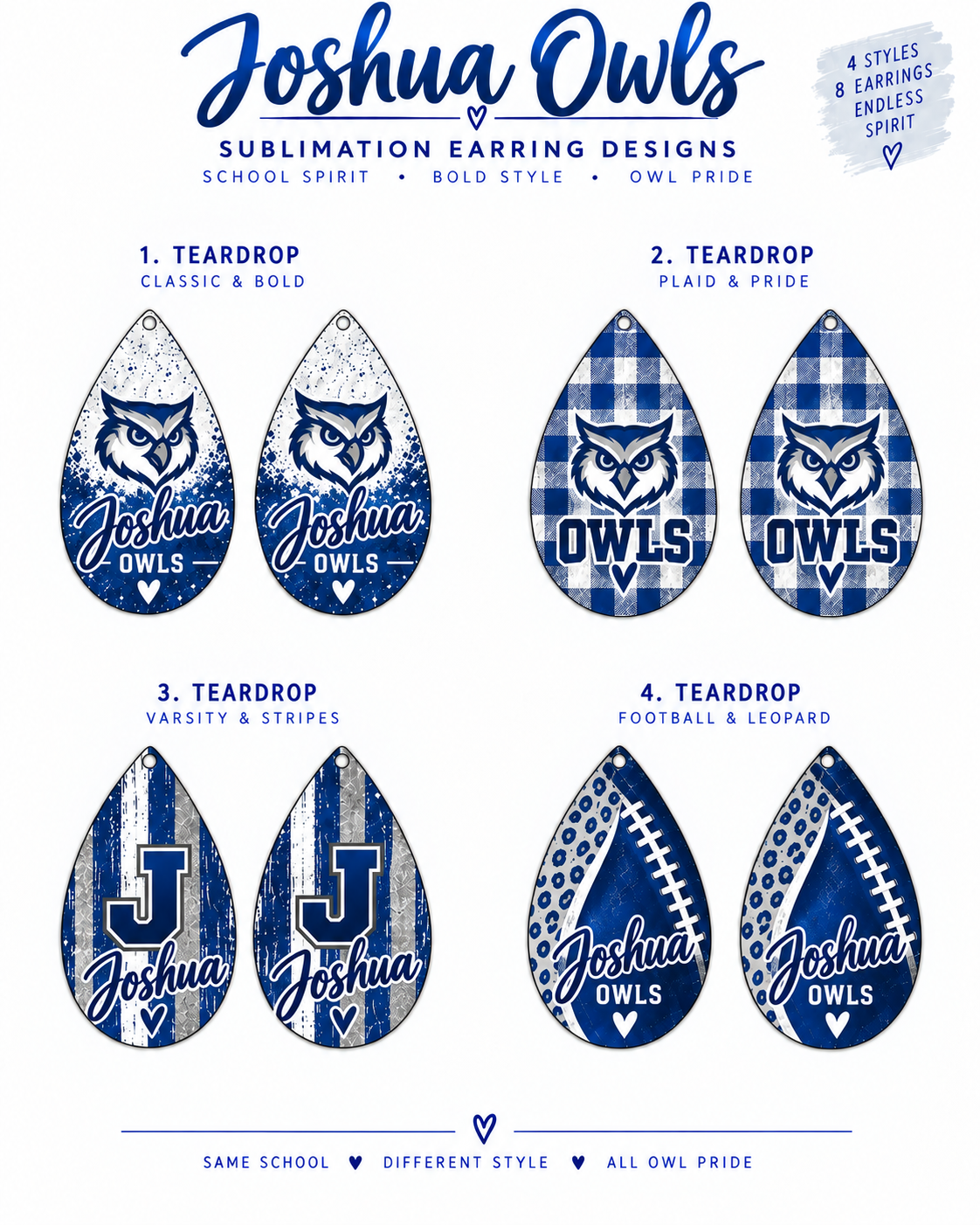 Four numbered Joshua Owls blue and white teardrop sublimation earring styles