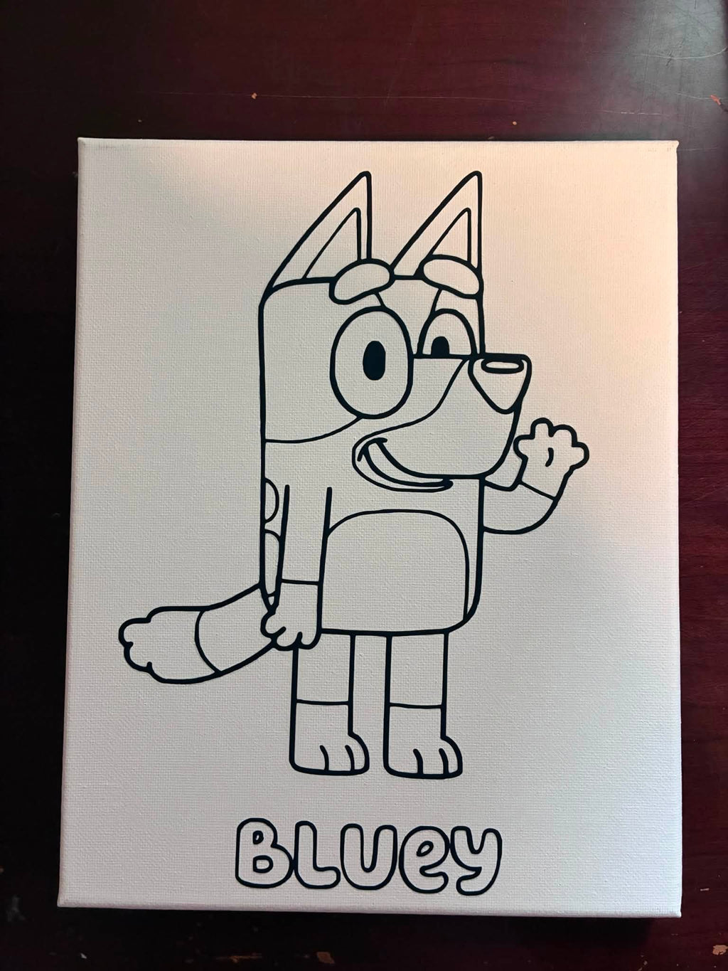 Bluey character coloring canvas, hand-drawn outline on white canvas
