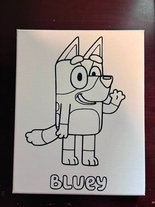 Bluey character coloring canvas, hand-drawn outline on white canvas