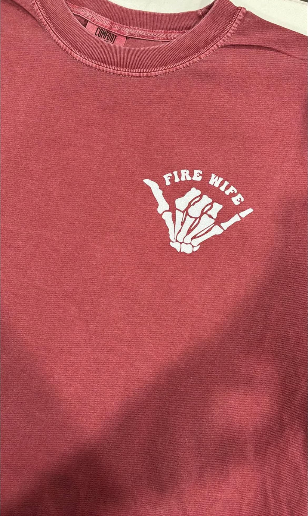 Fire Wife Comfort Colors shirt front with skeleton shaka hand graphic