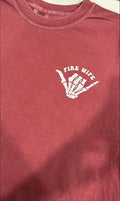 Fire Wife Comfort Colors shirt front with skeleton shaka hand graphic