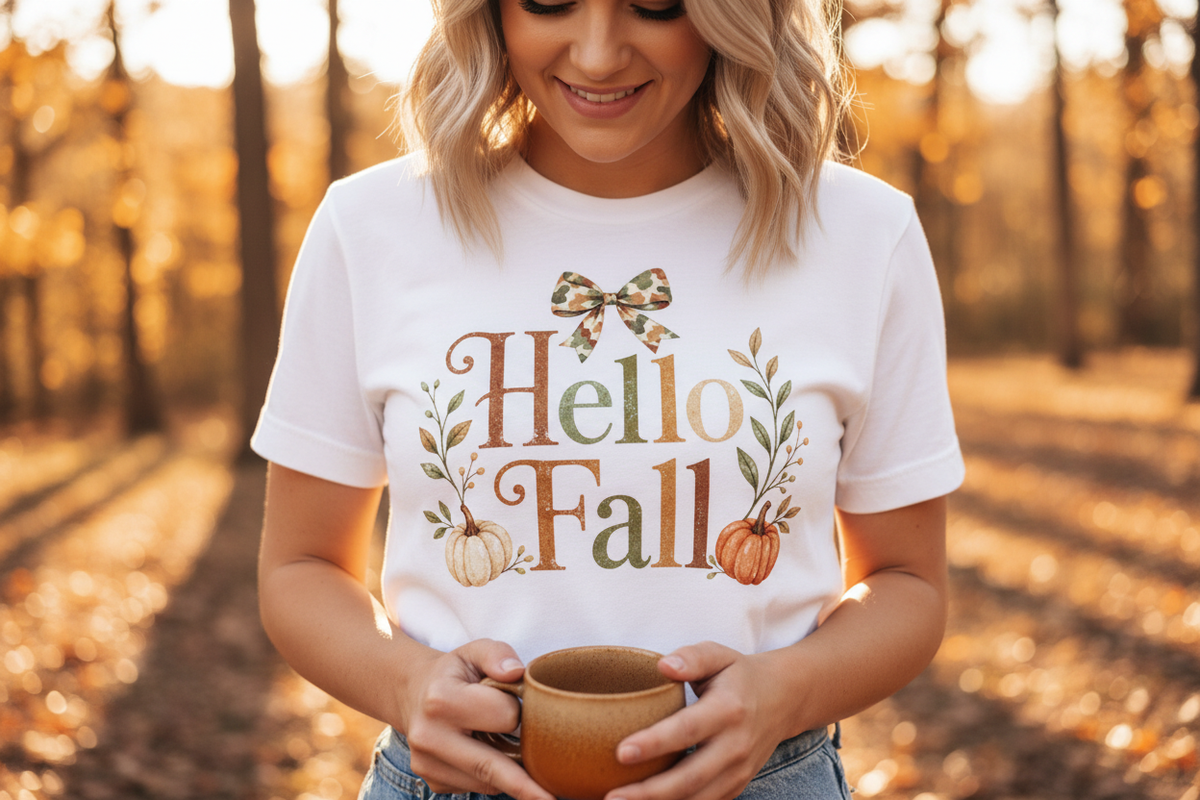 Woman wearing Hello Fall white Comfort Colors t-shirt, close-up lifestyle photo