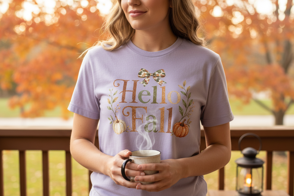 Woman wearing Hello Fall light purple Comfort Colors t-shirt, close-up lifestyle photo