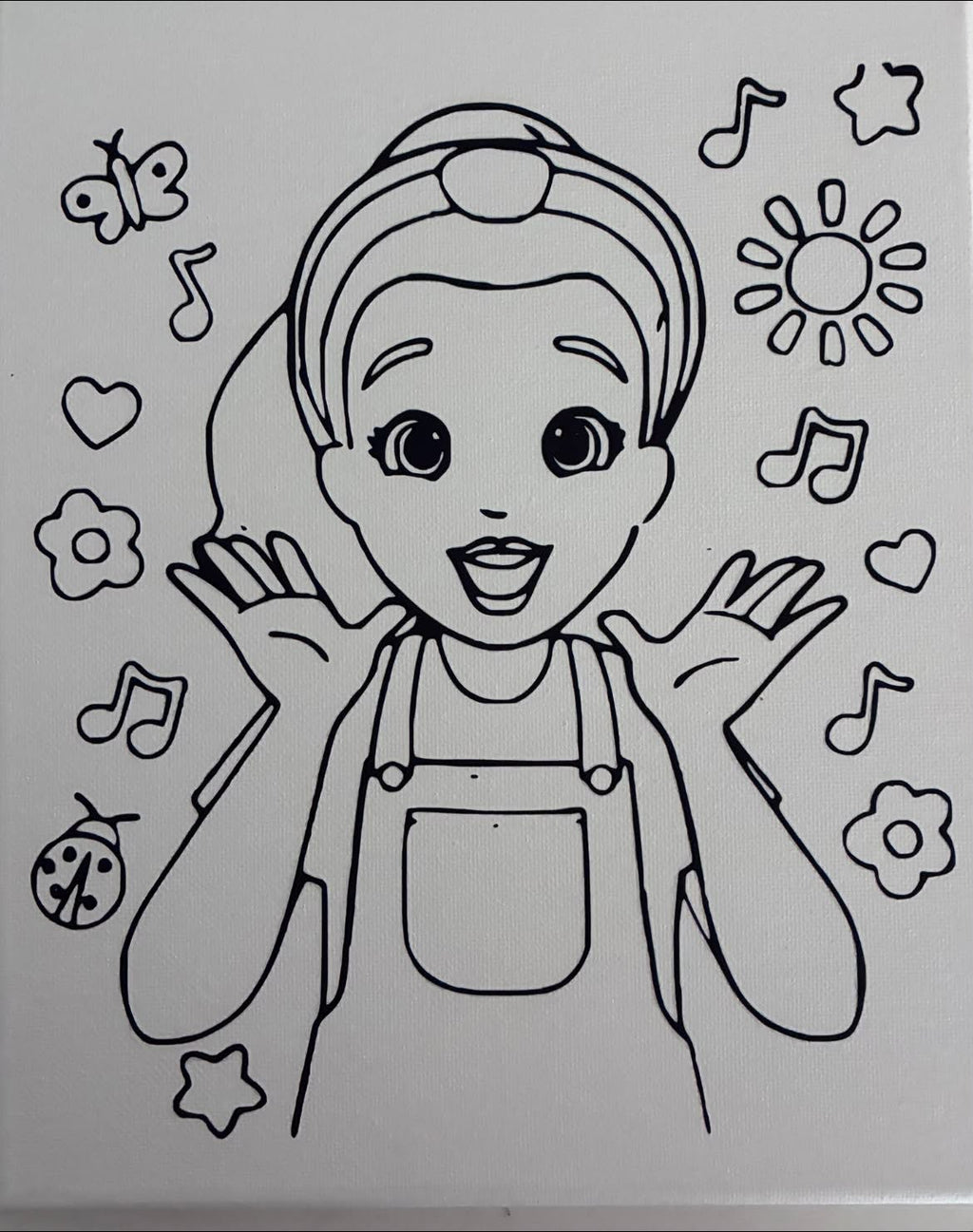 Ms. Rachel character coloring canvas, hand-drawn outline with flowers and music notes