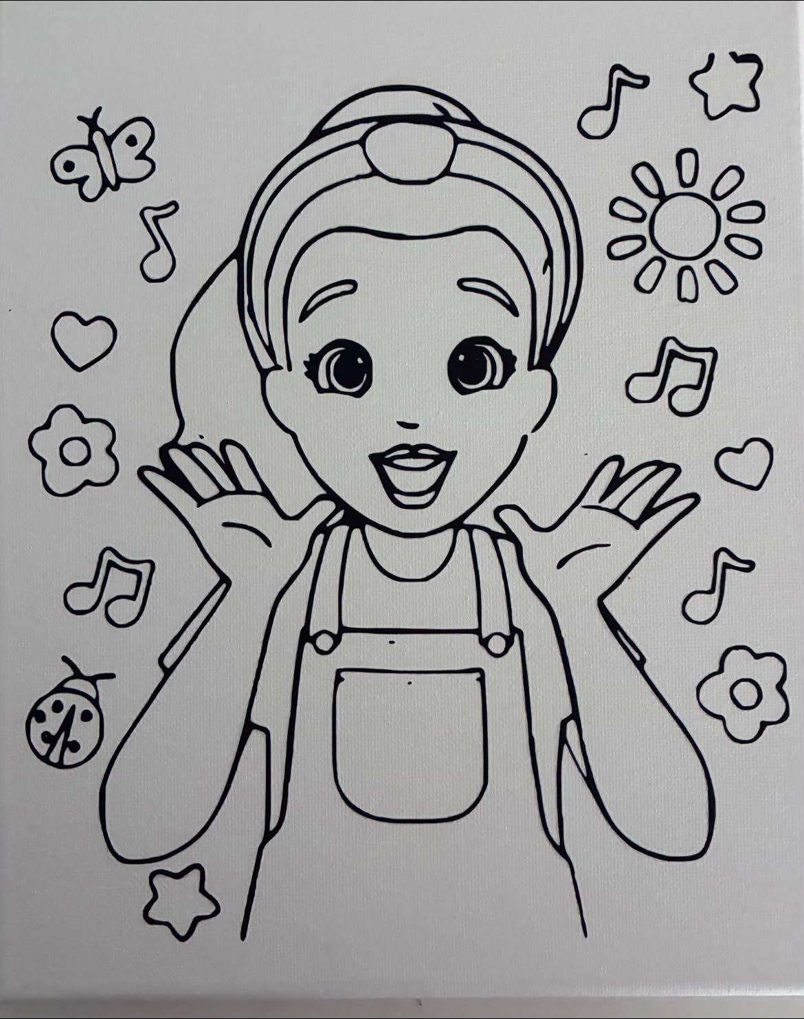 Ms. Rachel character coloring canvas, hand-drawn outline with flowers and music notes