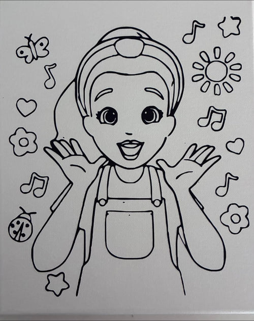 Ms. Rachel character coloring canvas, hand-drawn outline with flowers and music notes