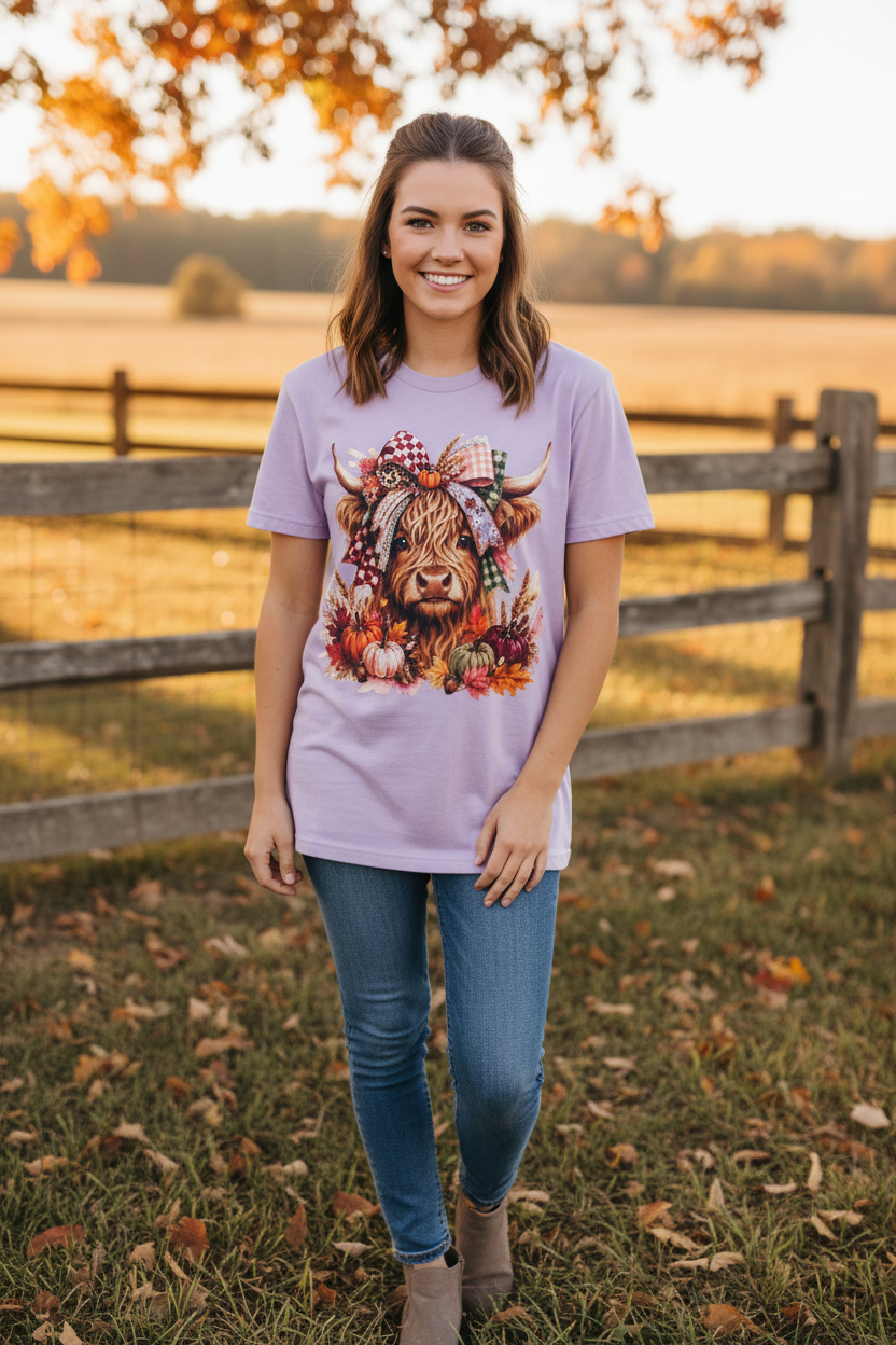 Person wearing light purple highland cow shirt
